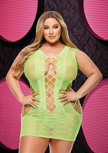  Lace and Fishnet Halter Dress - Green/Neon Green - One Size/Queen