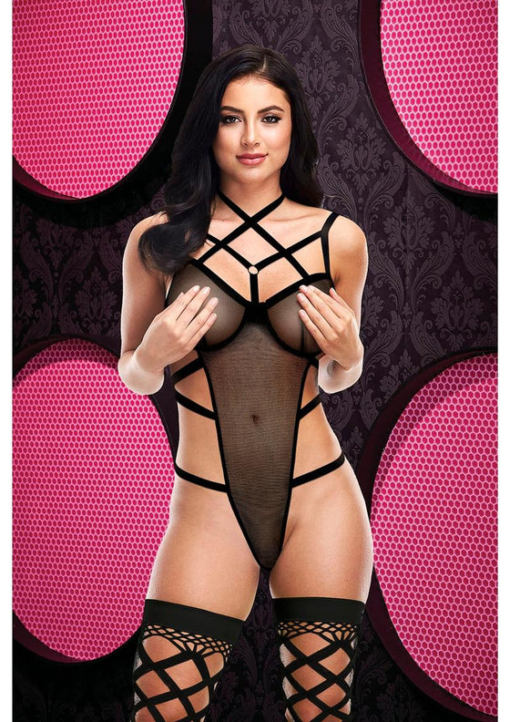 Sexy Strappy Caged Teddy - Black - One Size