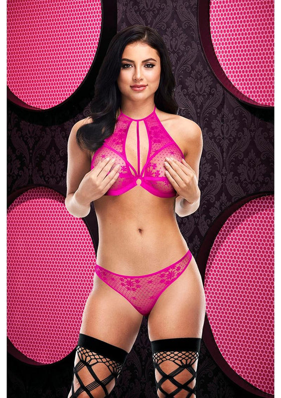 2pc Sexy Strappy Lace Bra Panty - Pink - One Size