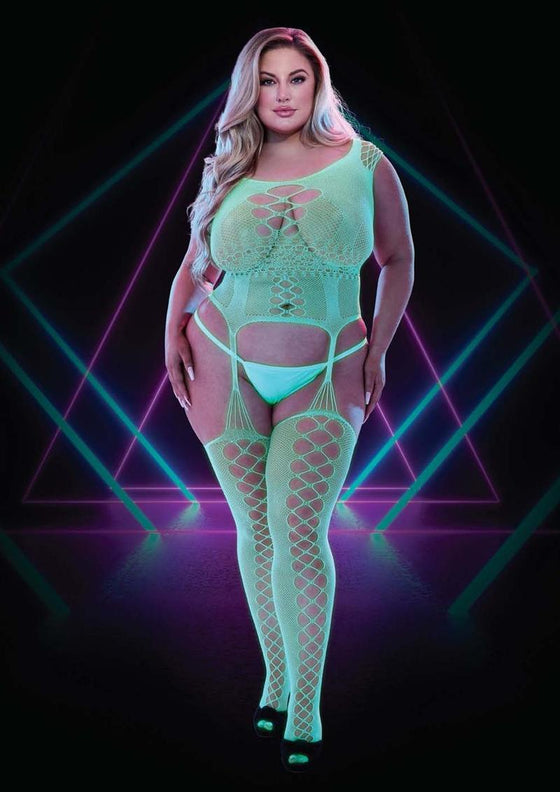 Glow In The Dark Bodystocking - Glow In The Dark/Green - Plus Size/Queen