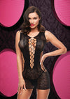 Lace and Fishnet Halter Dress - Black - One Size