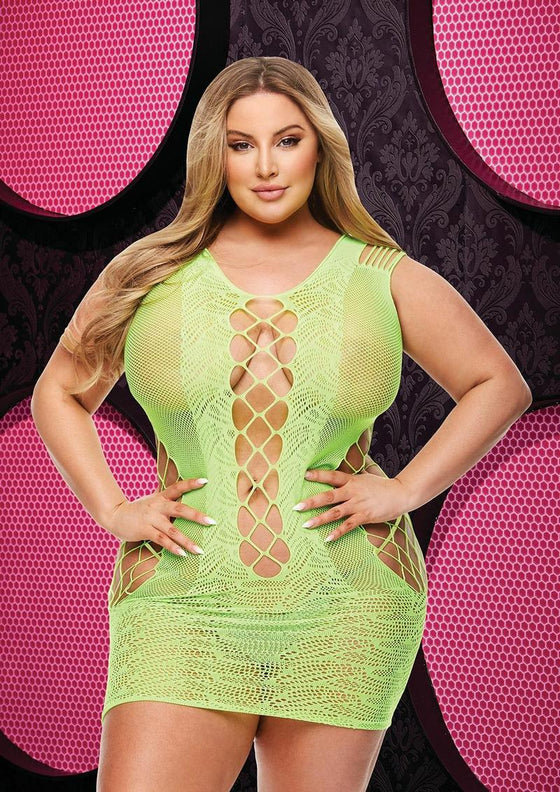 Lace and Fishnet Halter Dress - Green/Neon Green - One Size/Queen