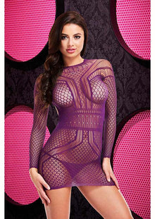  Long Sleeve Open Back Mini Dress - Purple - One Size