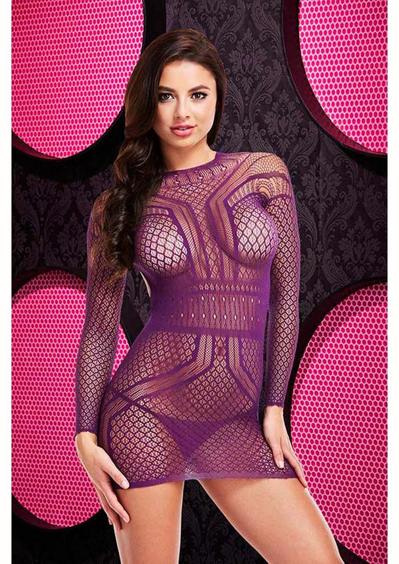 Long Sleeve Open Back Mini Dress - Purple - One Size